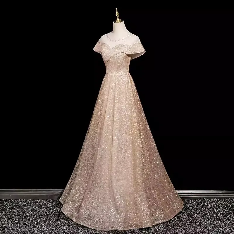 

2025 New Women's Gradient Champagne Evening Dress Fashion Slimming Annual Meeting Stage Performance Art Exam Starry Sky Dress