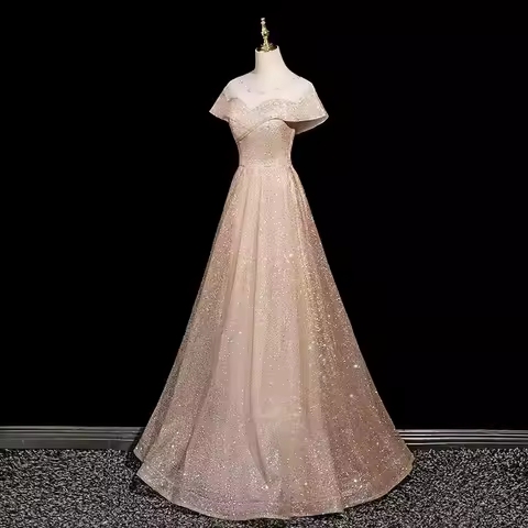2026 New Women's Gradient Champagne Evening Dress Fashion Slimming Annual Meeting Stage Performance Art Exam Starry Sky Dress