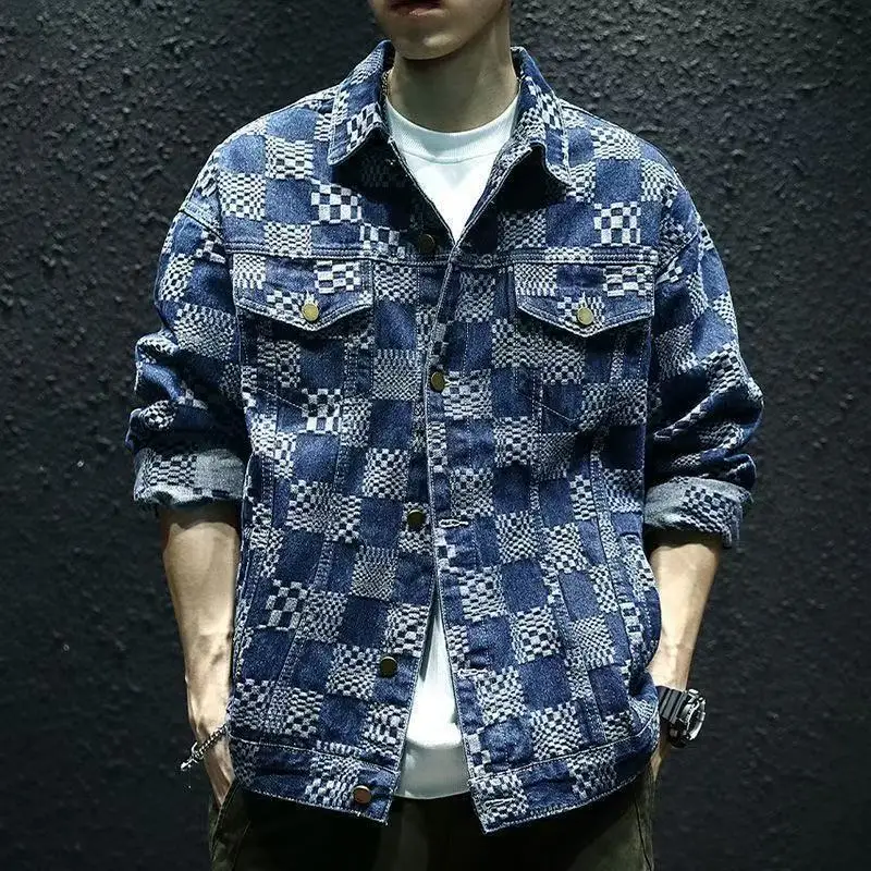 

Мужская джинсовая куртка в шахматном порядке в американском стиле, весенне-осенняя свободная уличная одежда, джинсовые пальто в клетку, мужская верхняя одежда с длинными рукавами