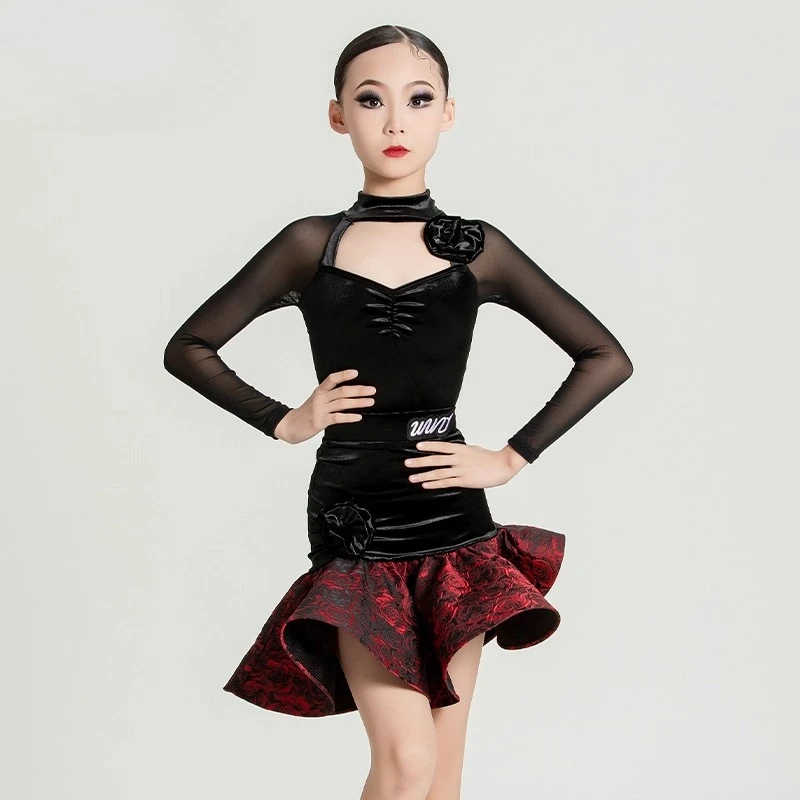 

New Latin dance dress for girls, professional performance practice dress, high-end large skirt hem fishbone Latin dance set