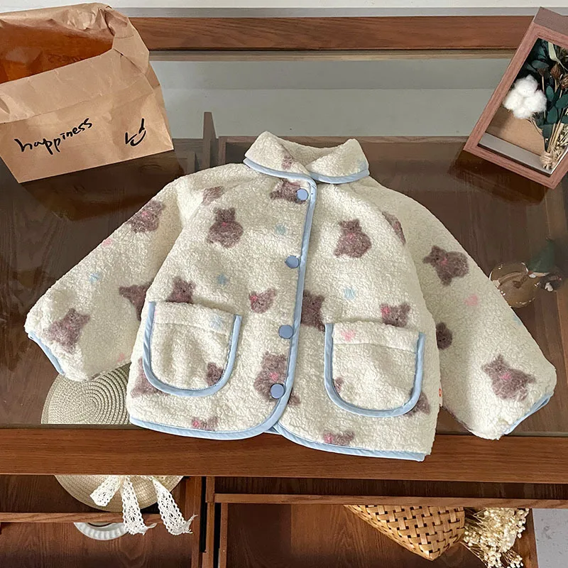 

2025 Winter Infant 1-6Y Girls Jacket Thick Warm Lamb Woolen Kids Baby Girl Coat Casual Bear Printed Toddler Girls Outerwear Coat