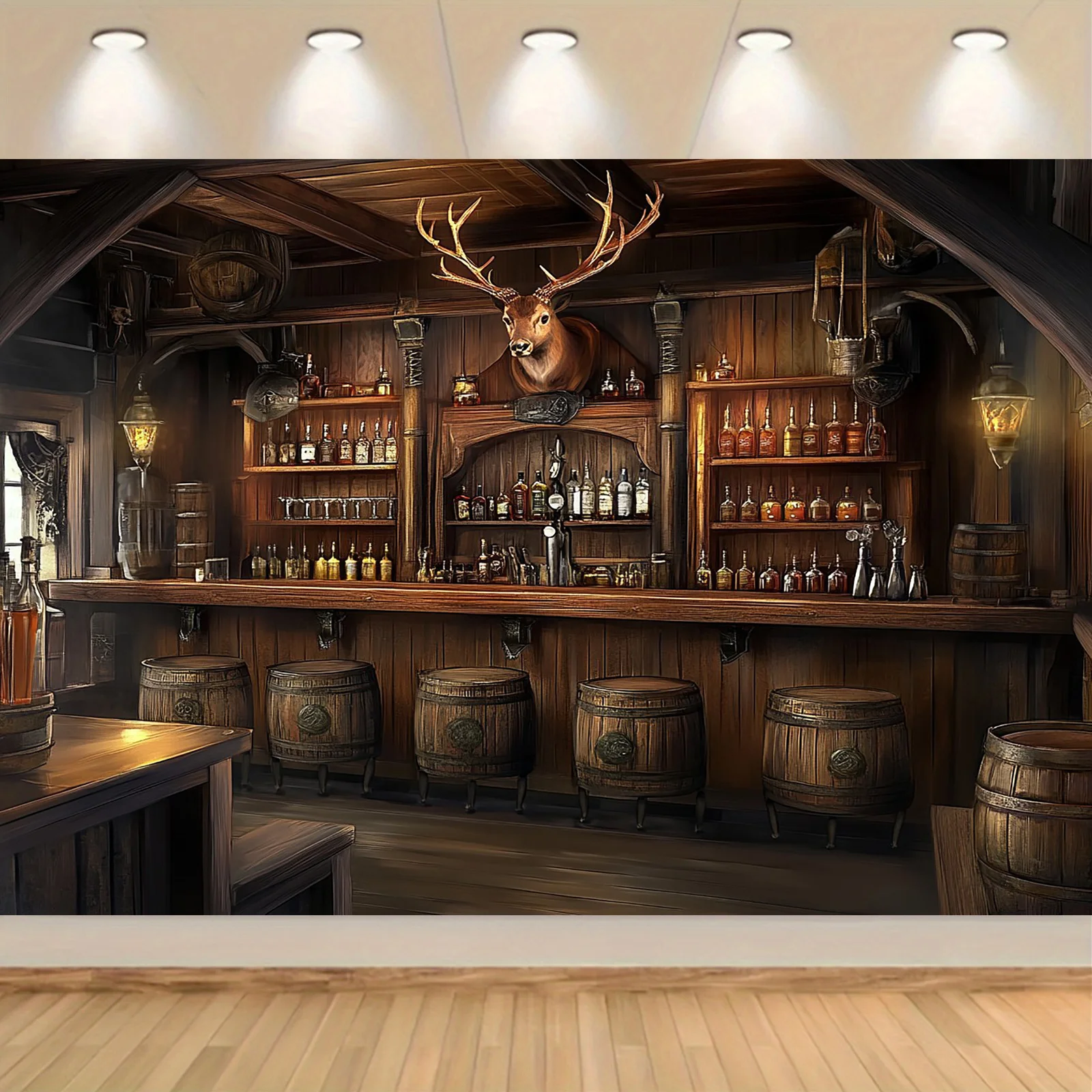 Retro Western bar backdrop - wooden bar, barrel and stool, cowboy-themed party banner - Fall/Winter event