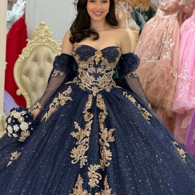

Блестящие темно-синие платья Quinceanera по индивидуальному заказу с открытыми плечами и аппликацией из пайеток, кружевной цветок с длинным хвостом, Vestido 15, Quinceanera