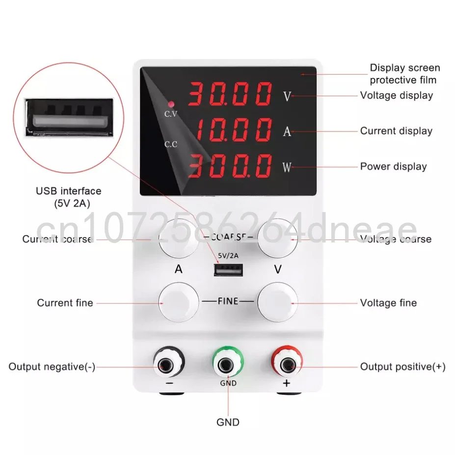 30V/10A 4-Digits Displaying Adjustable Regulated Switching DC Lab Bench Power Supply with 5V/2A Output Interface