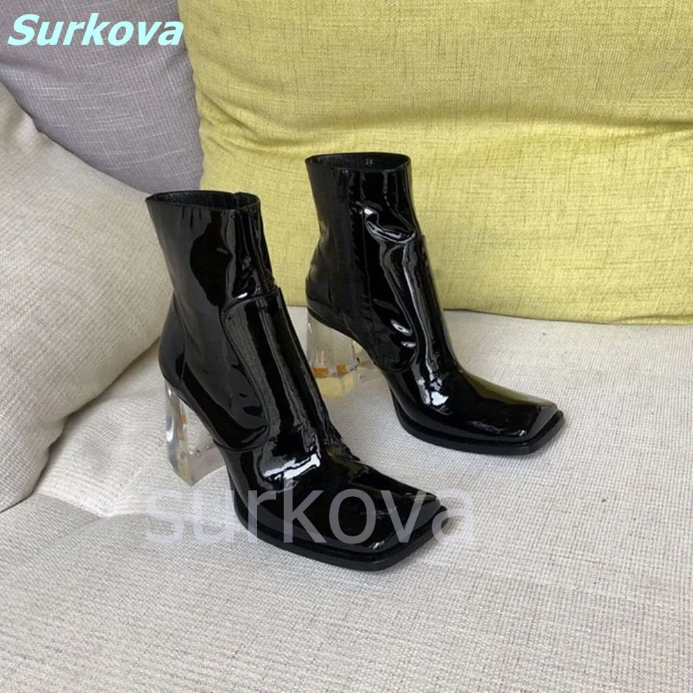 Crystal Chunky Heel Boots Original Design Rose Cigarette Butts Ankle Boots Fashion Comfortable Women Shoes Patent Leather Shoes