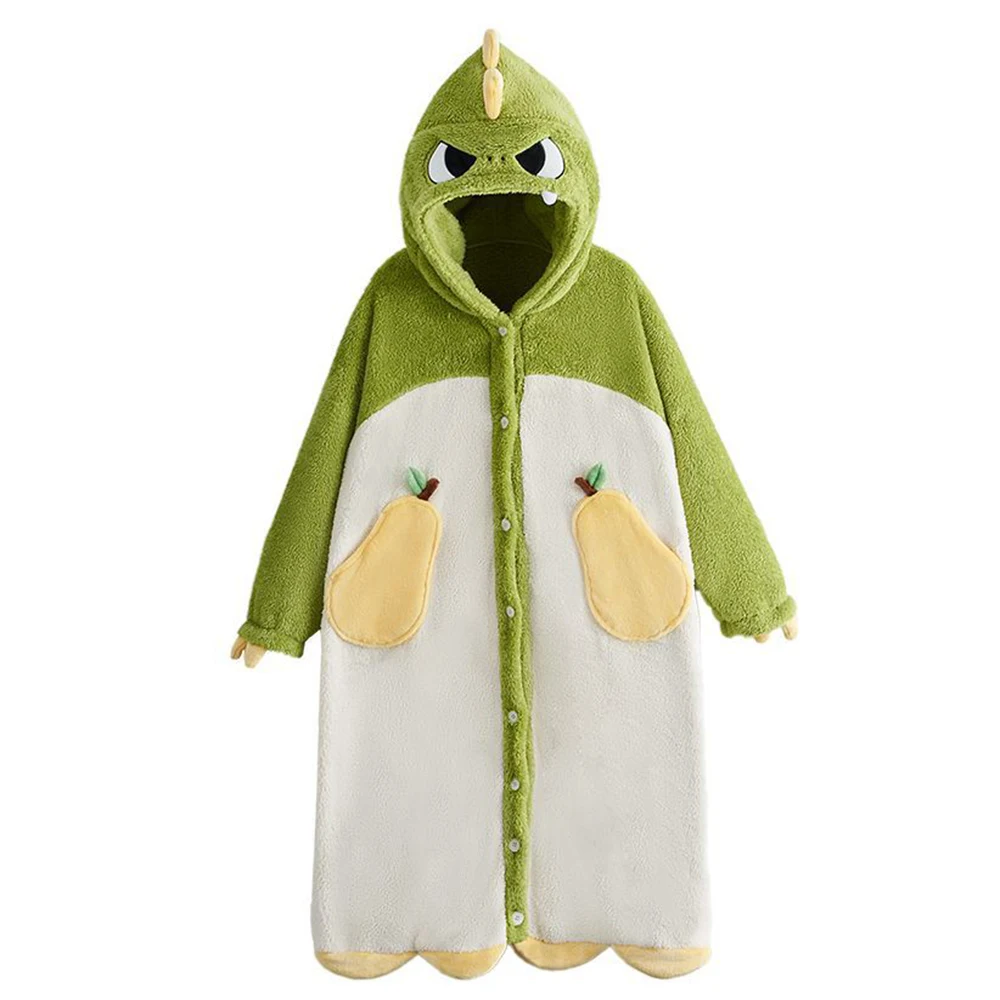 Cute Dinosaur Nightdress Warm Robes Women Plush Fleece Bathrobes Sleepwear Winter Long Sleeve Cartoon Hooded Nightgown Pajamas