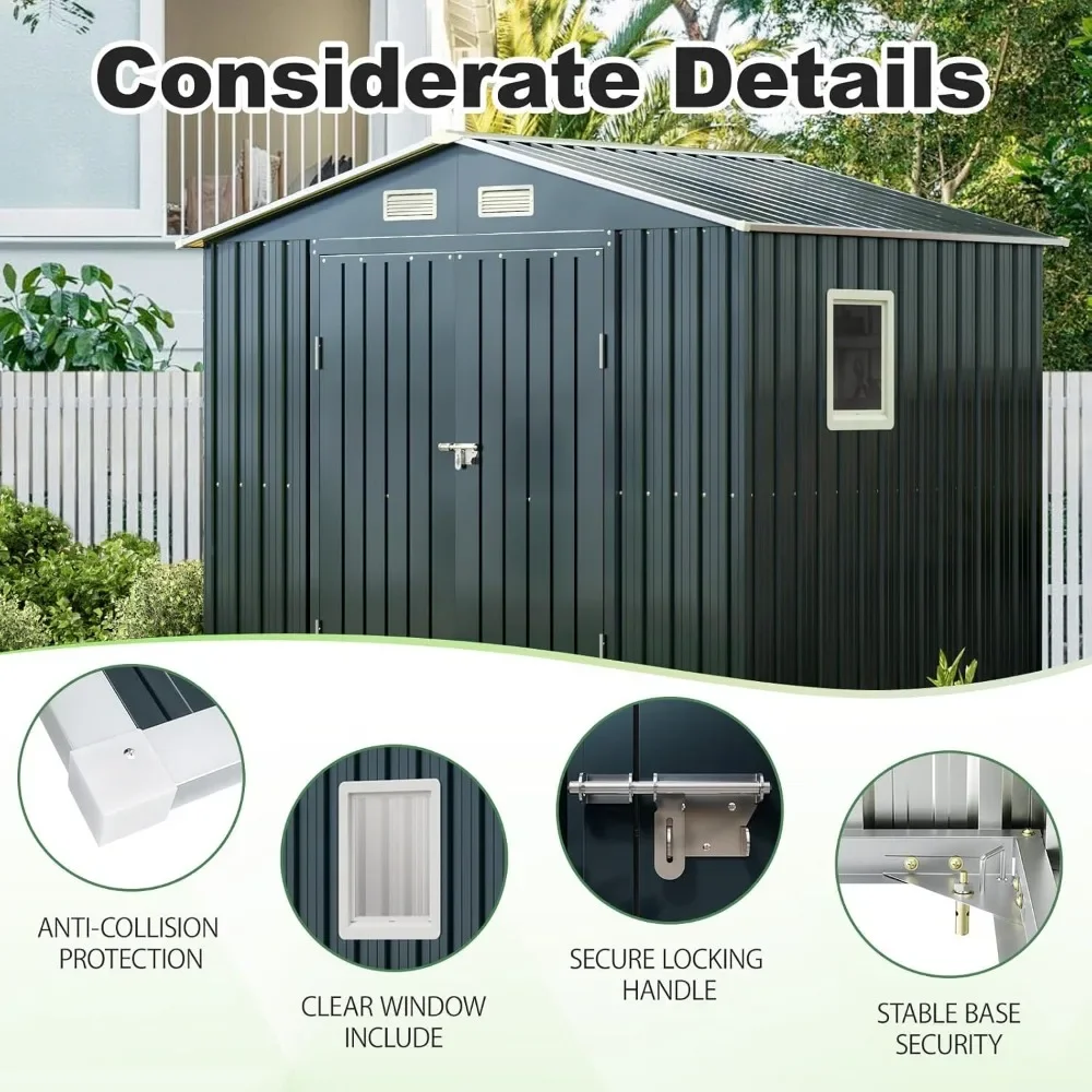 8x6FT Outdoor Steel Storage Shed with Clear Window, Lockable Doors, Weather-Resistant Metal Tool Shed