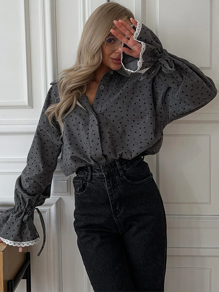 Trendix Heart Print Elegant Shirts For Women Grey Loose Lace Patchwork Long Sleeve Shirt Femme Vintage High Street Chic Clothes