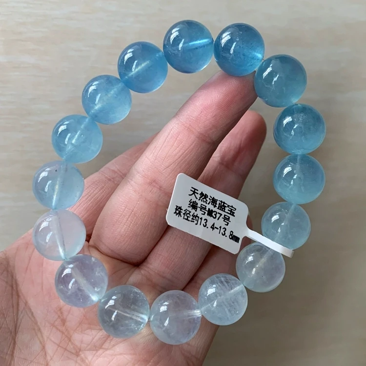 Natural Blue Aquamarine Clear Round Beads Bracelet Women Men Gift Fashion Brazil Rainbow White Blue Aquamarine Jewelry AAAAAA