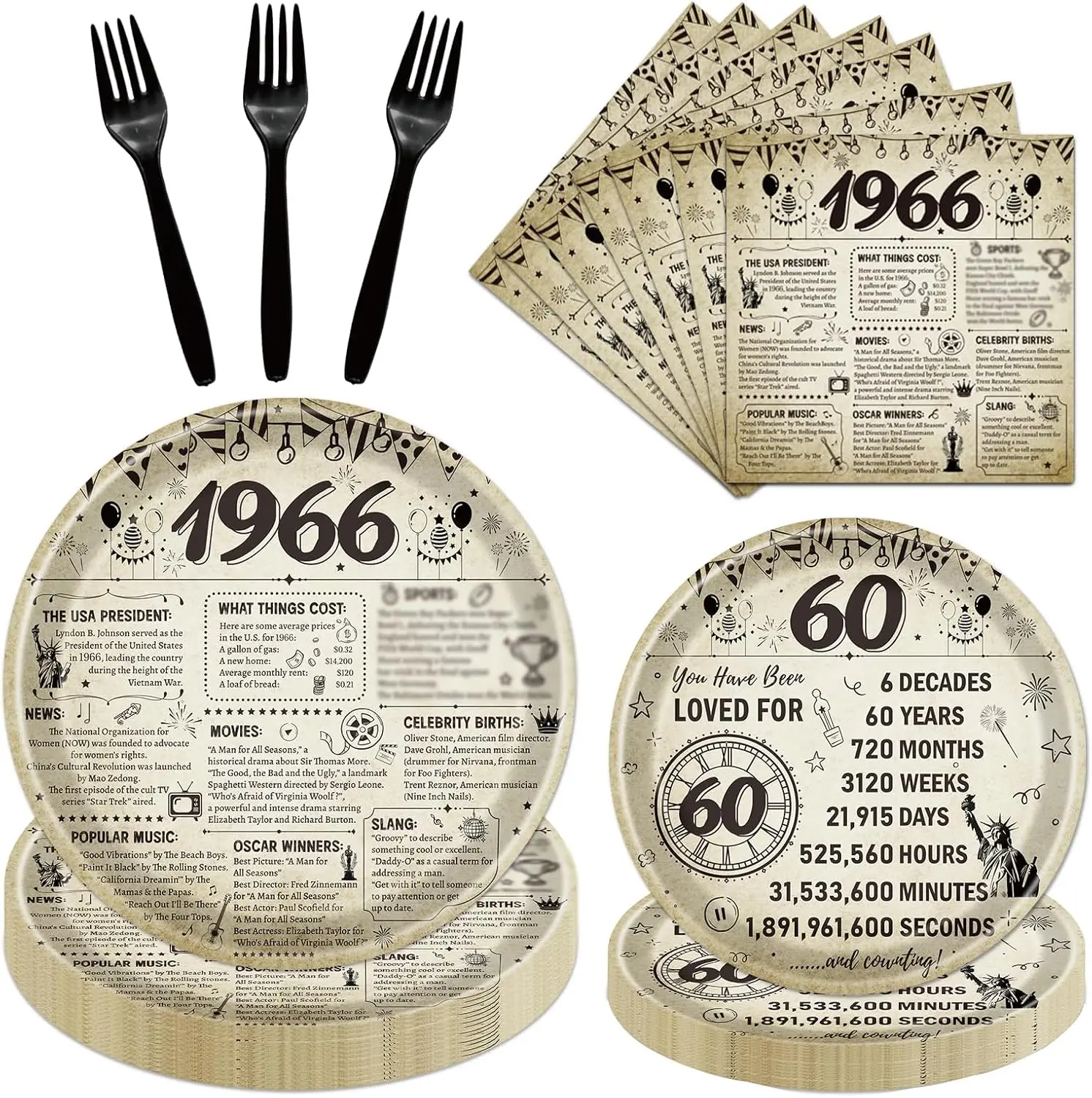 60th Birthday Plates & Napkins, Vintage 1966 Disposable Tableware for 24 Guests