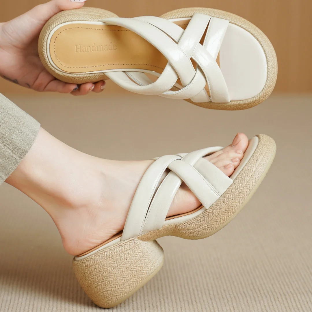 

danxuefei women's genuine leather narrow band cross strap open toe summer slides 6.5cm chunky heel platform casual sandals shoes
