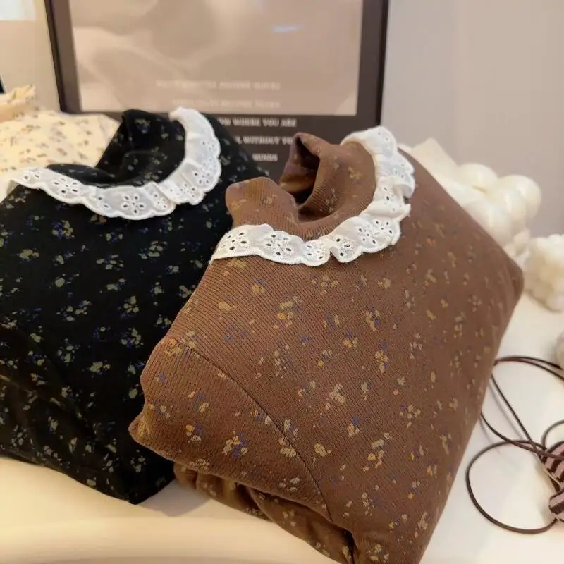 

2025 Girls Warm Base Layer Autumn Winter Cute Print Pullover Round Neck Long Sleeved Tops Children Clothing 2-5 Years Old Trendy