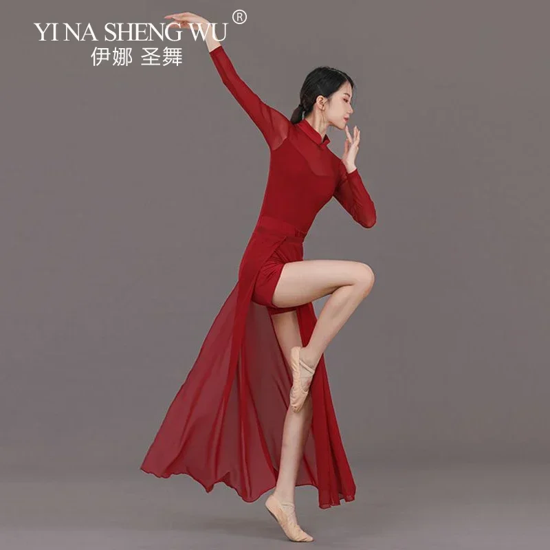 Damski strój do tańca, długi rękaw, klasyczny chiński strój ludowy, kostium do tańca, strój do egzaminów artystycznych, strój do ćwiczeń, długa spódnica z wysokim rozcięciem.