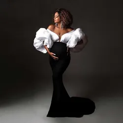 Gorgeous Black and White Mermaid Maternity Dresses Pregnancy Woman Photoshoot Gown Puff Sleeves Maternity Photography Dress