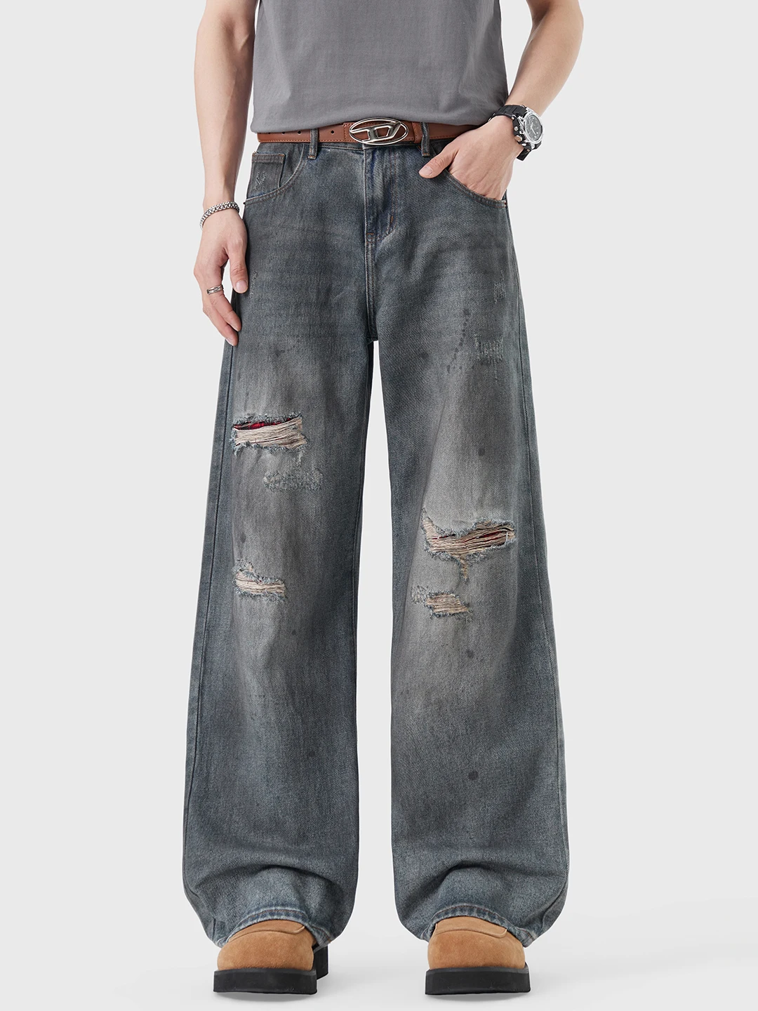 

Мужские джинсы American Sle в винтажном стиле, повседневные, с эффектом брызг чернил, свободные, прямые, широкие штанины, износостойкие, со средней посадкой на талии