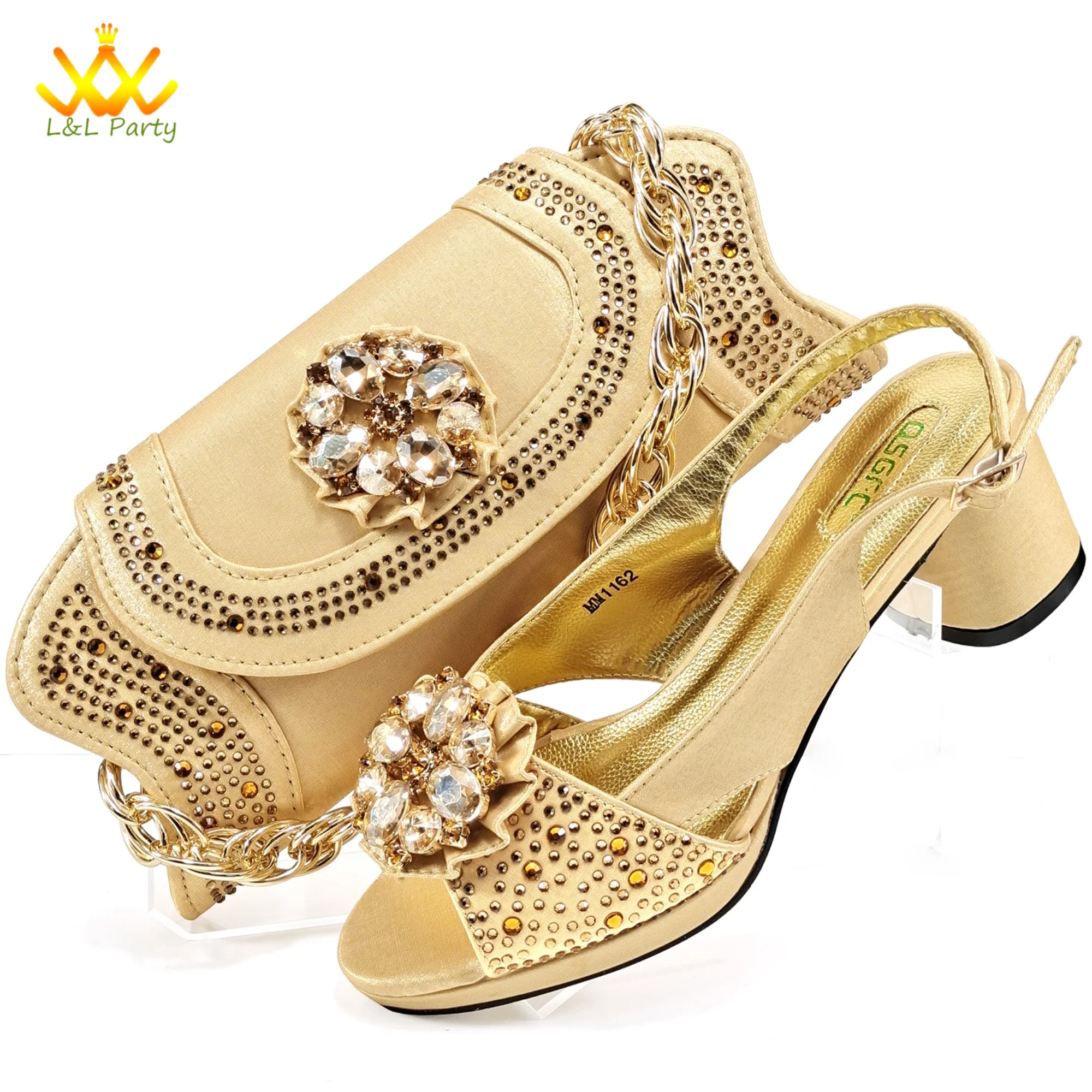 2024 Lastest Italian Design Fashion Style Ladies Shoes with Matching Bag Set 2024 Nigerian Shoes and Bag Set in Gold Color