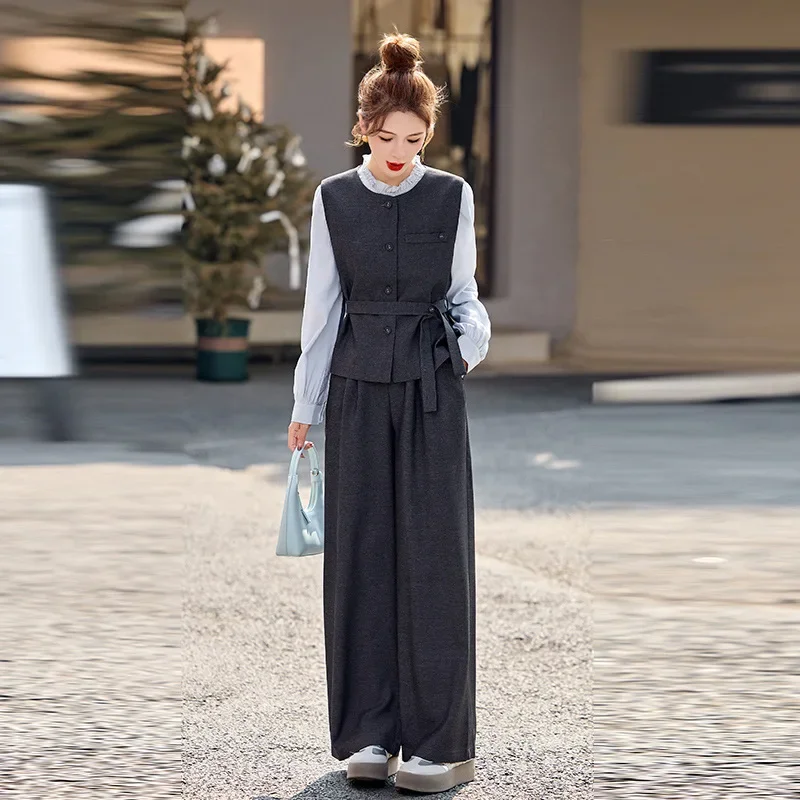 

Gray Slimming Wide Leg Pants Set Women's Spring 2026 New Style Three Piece Korean Shirt Vest Outfit Casual Fashion