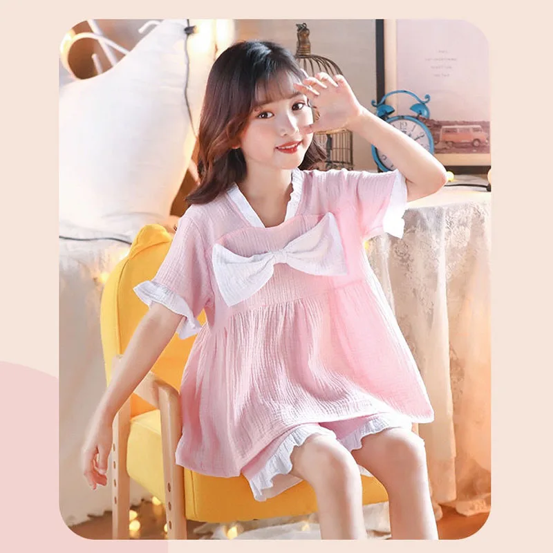 Summer Thin Cotton Gauze Nightgown Short Sleeves Shorts Pajama Set Princess Style Girls' Pajamas Sweet Children's Homewear