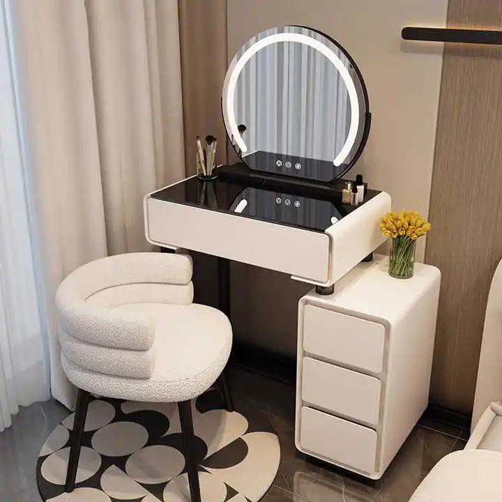 Modern Luxury Design 60cm Dressing Table with LED Mirror Cream Wooden Makeup Cabinet Small Apartment Master Bedroom School Use