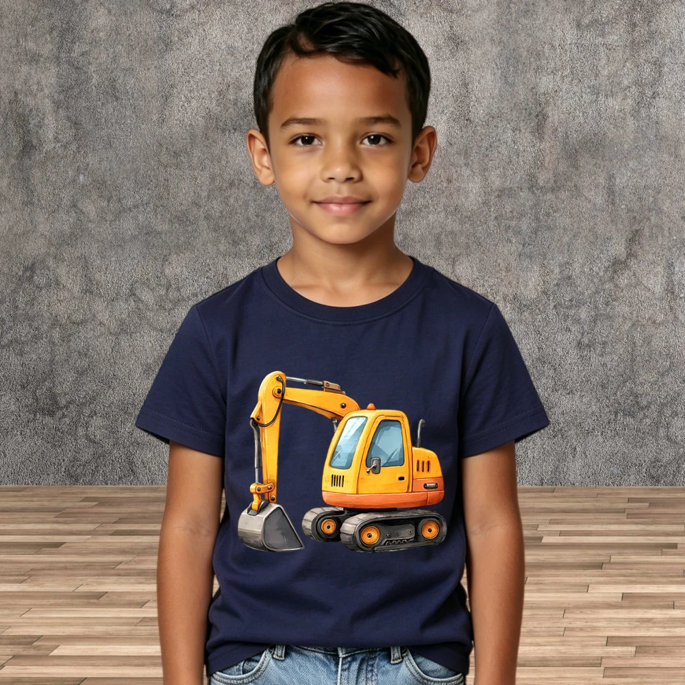Daily Casual Boys Excavator Print T-shirt Cartoon Summer Children Short Sleeve Cotton Tops