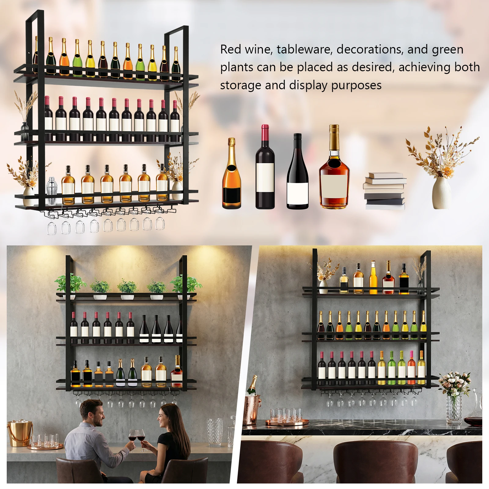 

3 Tier Wall Mounted Wine Holder Metal Hanging Bar Liquor Shelves with Glass Holder for Kitchen Home Dining Room Living Room