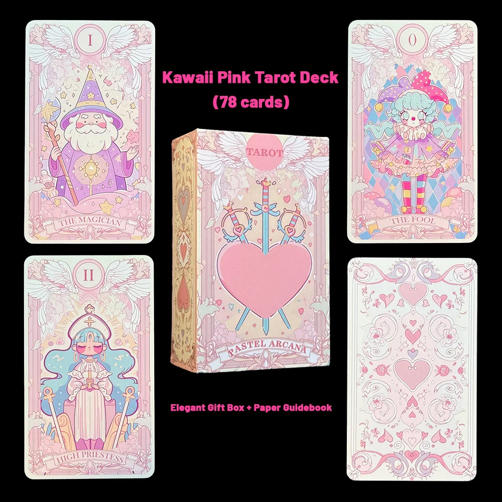 

Kawaii Pink Tarot Deck 78PCS with Guidebook Cute Anime Illustration Fate Divination Future Telling Table Game Cards Gift