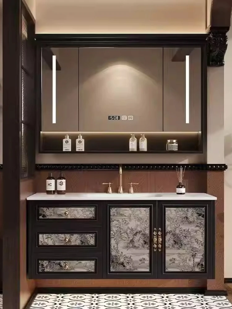 

Французский ретро-шкаф для ванной, умный зеркальный шкаф, тумба под раковину, интегрированная раковина из каменной плиты с горячей гибкой.