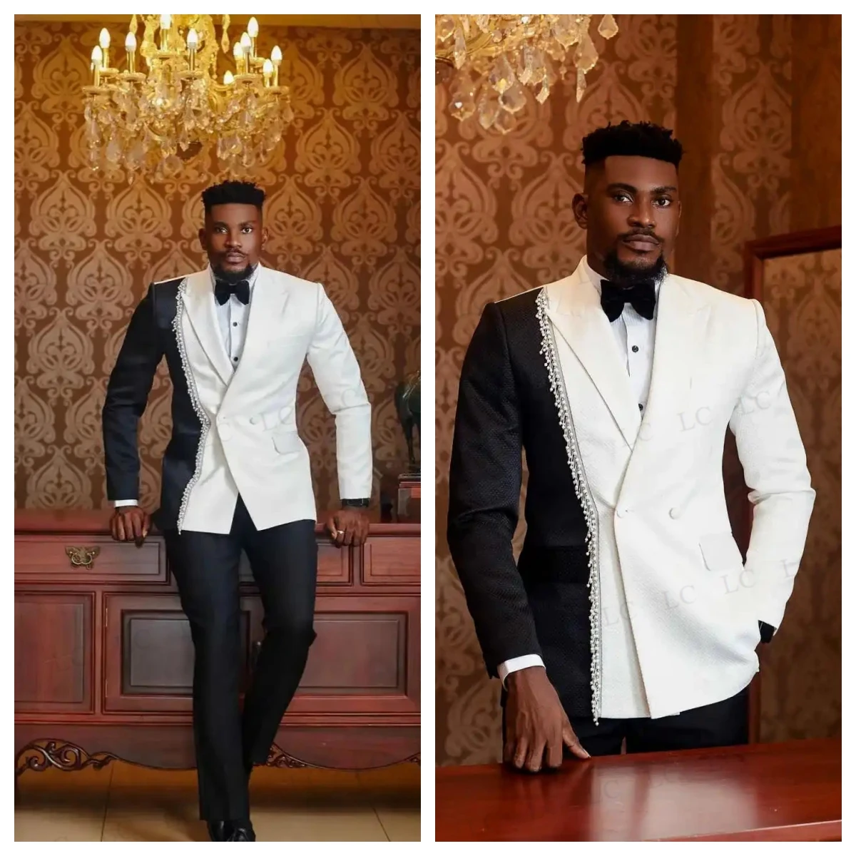 Gentle 2 Pieces Men Suits Beads Diamonds Peaked Lapel Pearls Spliced One Button Slim Formal Prom Wedding Groom Custom Plus Size