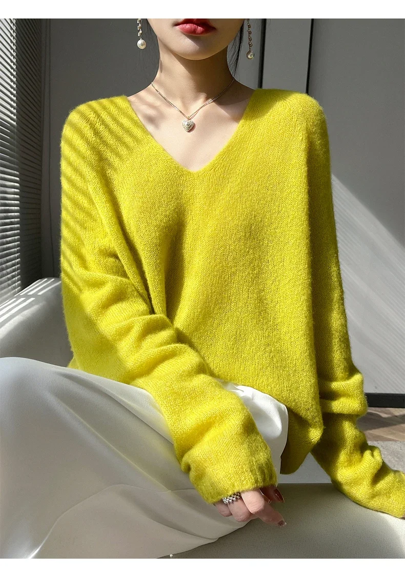 Women's Soft Cashmere Silk Blend Sweater Thin V-Neck 77% Cashmere 23% Mulberry Silk Loose Seamless Comfortable Fit Sweater for C