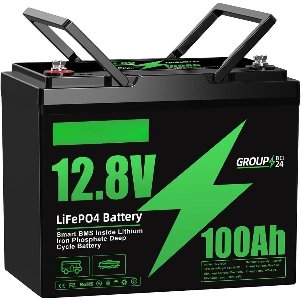 

12V 100Ah LiFePO4 Battery BCI Group 24, 1280Wh Lithium Battery Built-in 100A BMS, 15000+ Deep Cycle Battery for RV, Solar