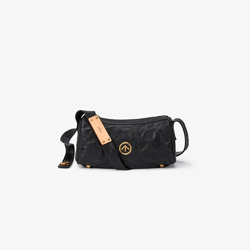 

GROTTO 2025 Fashion Black Stone Bag Small Unisex Vegetable-Tanned Lambskin Shoulder Crossbody Soft Bag