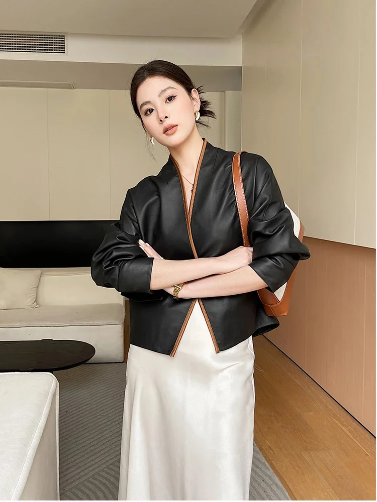 Sheepskin V-neck Coat Women Luxury Real Leather Batwing Sleeve Outerwear Streetwear Loose-fit Genuine Jacket feminina