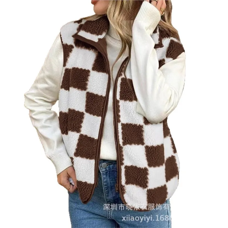 الصوف منقوشة طباعة سترة دون أكمام معطف 2025 امرأة سستة فضفاضة أفخم الدافئة صدرية فام الخريف الشتاء سترة غير رسمية سترة