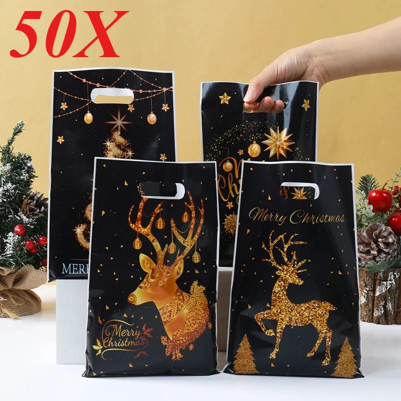 50PCS Mixed Golden Elk Christmas Series Party Gift Tote Bag OPP Glitter Gift Bag Candy Bag Plastic Gift Return Bag