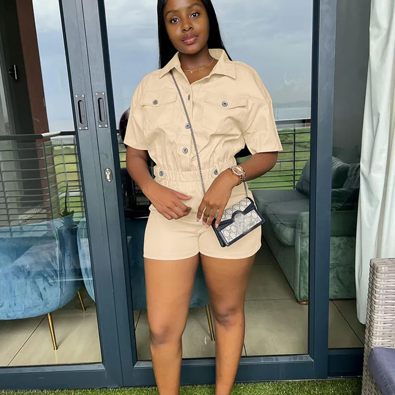 Streetwear Single Breasted Shirt Style Playsuit Women Cargo Romper Short Sleeve Turn-down Collar Casual One Piece Jumpsuit Short