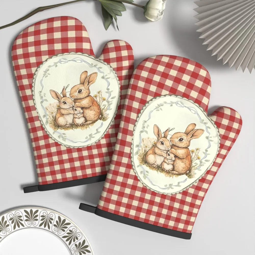 2pcs Easter Bunny Pattern Oven Mitts Heat Resistant Non Slip Hanging Design Efficient Suitable for Kitchen Holiday Decoration