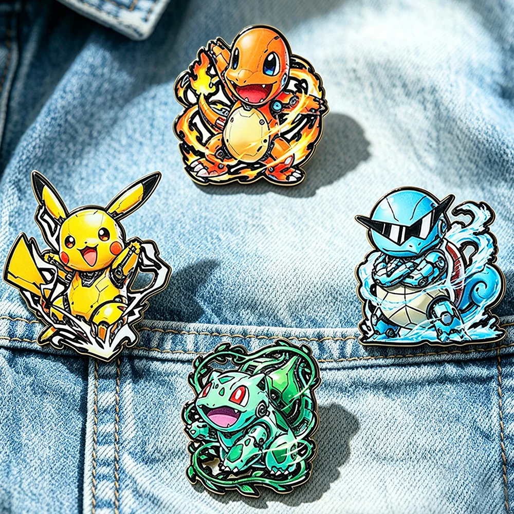 4Pcs Pokemon Elf Pikachu Enamel Pins Charmander Bulbasaur Squirtle Metal Brooch Lapel Badge On Backpack Anime Fans Gift