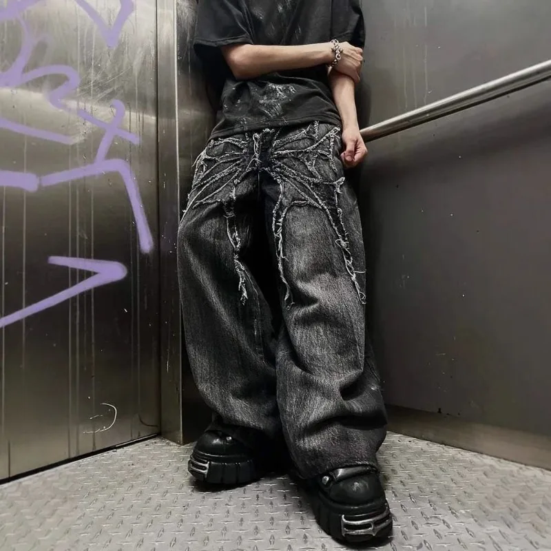 Harajuku Y2K Dark Style Men Jeans Streetwear Straight Wide Leg Pants Retro Stitch Design Loose Fit Casual Fashion Trousers New