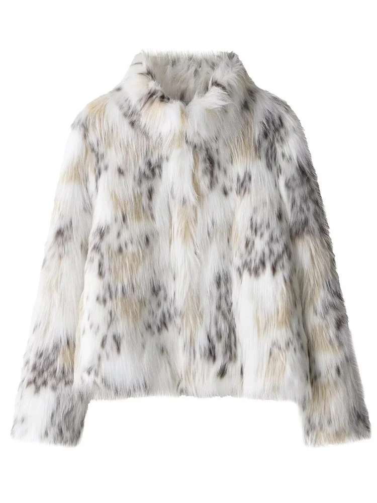 Nuevo Otoño Faion sensación de gama alta abrigo de mujer efecto piel Artificial estampado de leopardo de nieve largo Sve Stand Collar Jaet