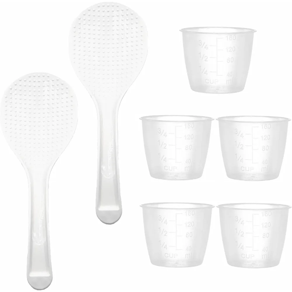 Paquete de 5 tazas medidoras de arroz transparentes de plástico, 160ml, 3/4 tazas multiusos con paquete de 2 cucharas de arroz resistentes al calor no