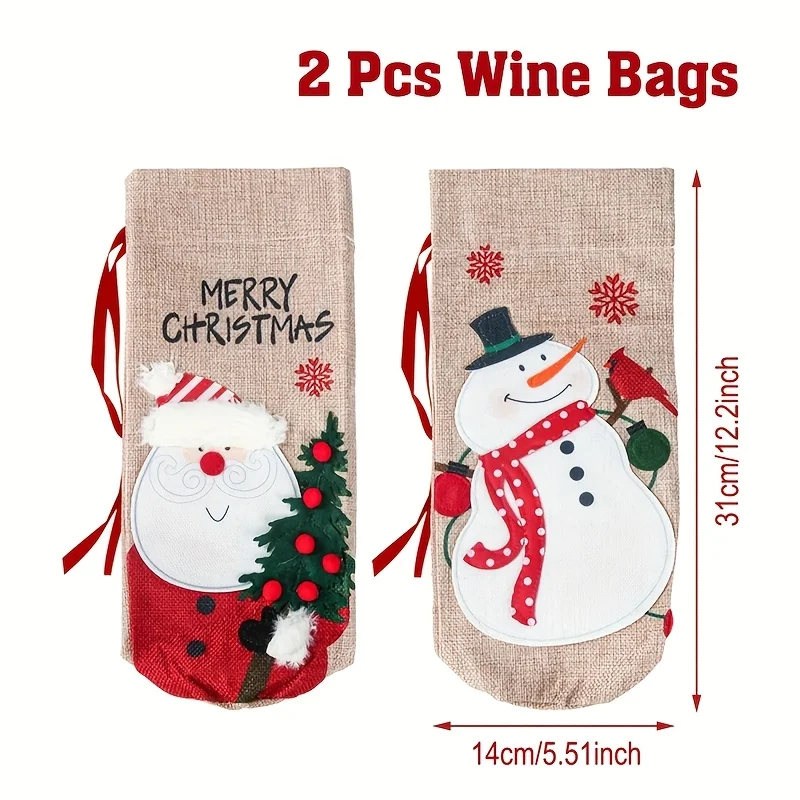 1/2pcs Elegant Christmas Wine Bottle Bags with Snowman & Santa Claus Design  Durable Reusable Wine Bottle Covers for Xmas