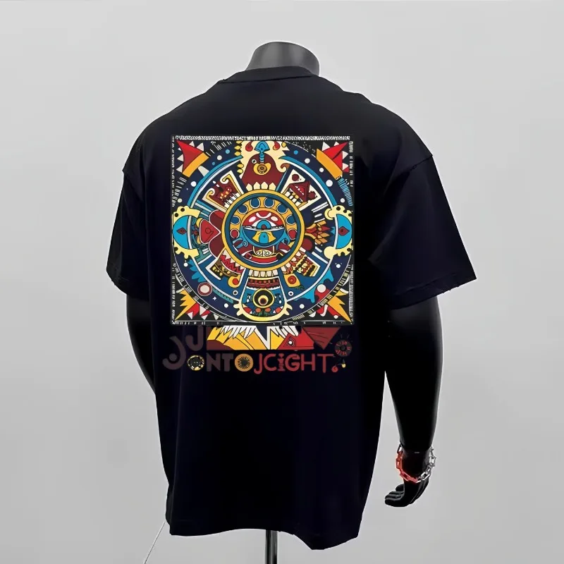 Vintage Tribal Sun Calendar with Custom Text Tee 100% Cotton Mens T Shirt Summer Daily Wear Features Bold Colorful Visual Style