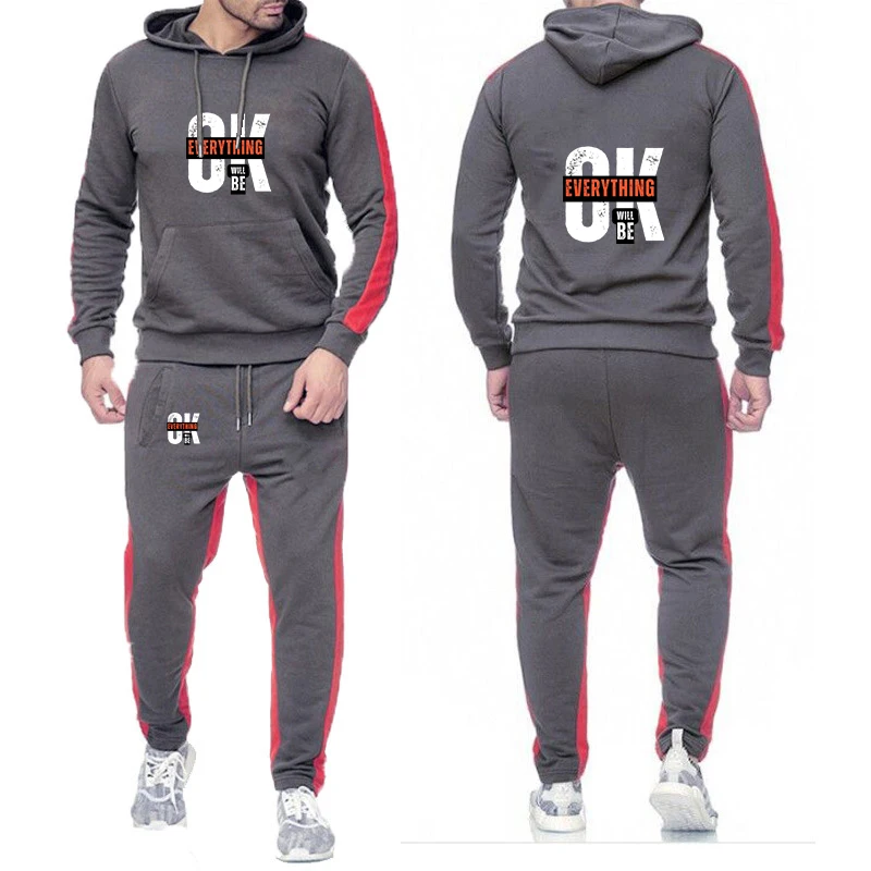 2026 Everything Will Be Ok Logo Print Men's Spring And Autumn Patchwork Pocket Premium Fabric Skin-friendly Hoodies Pants Suits