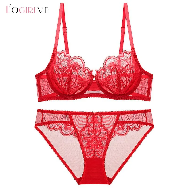 Logirlve Ultrathin Transparent Underwear Set Net yarn Brassiere Red Women Lingerie Sexy Plus Size CD Cup Bra Set Lace Embroidery