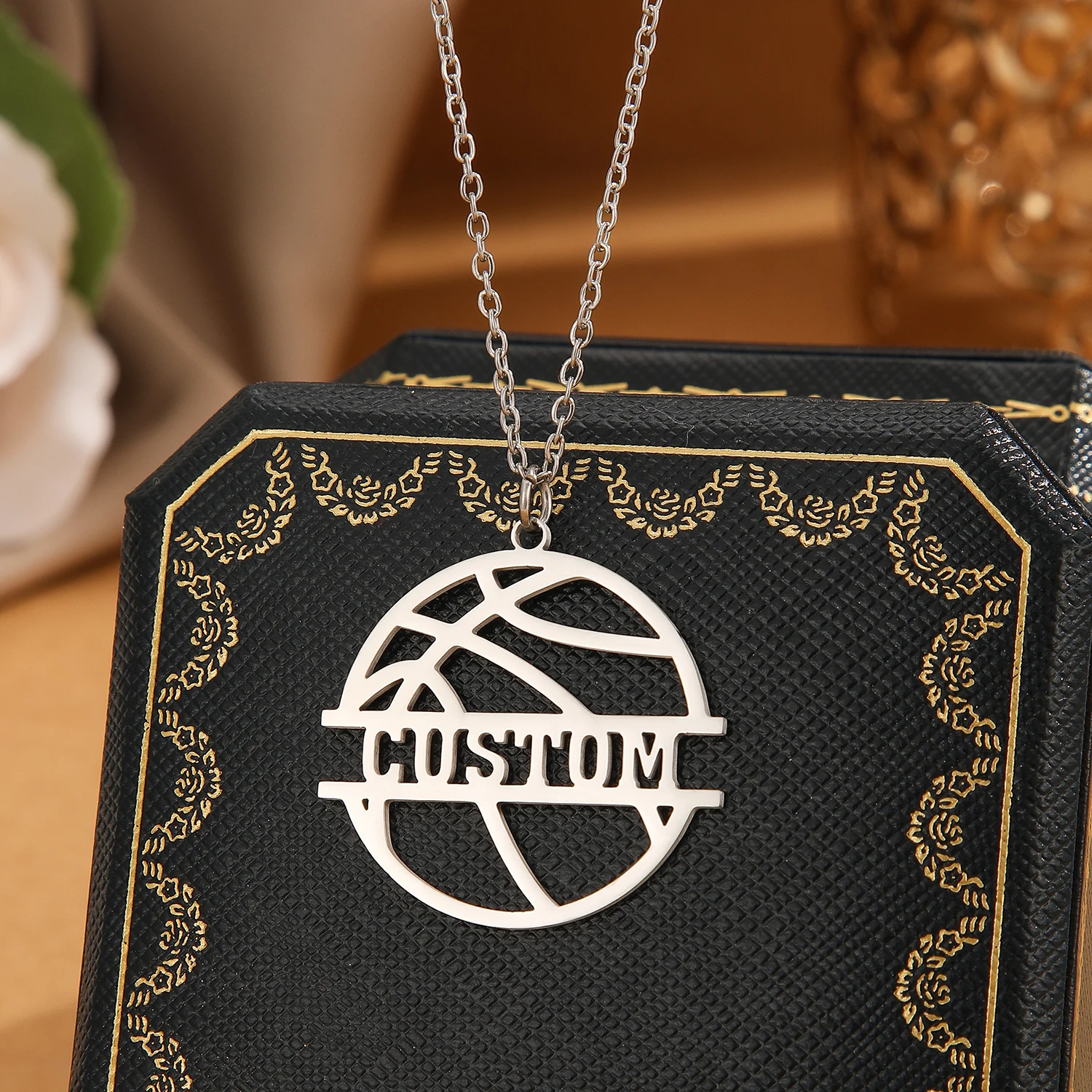 QIAMNI Custom American Football Name Pendant Necklace for Men Boy Jewelry Stainless Steel Basketball Nameplate Chain Choker