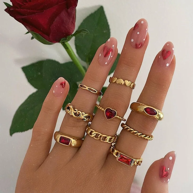 1 Set Fashion Green Crystal Heart Rings for Women Vintage Gold Geometric Rings Set Party Jewelry Accessories