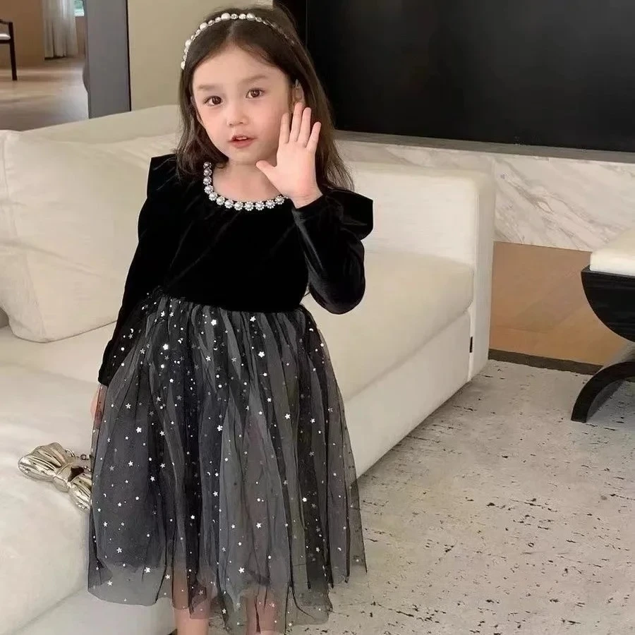 

Весенне-осеннее новое детское черное платье, элегантное, с длинным рукавом, очень сказочное, в стиле принцессы, для девочек, модель 5370