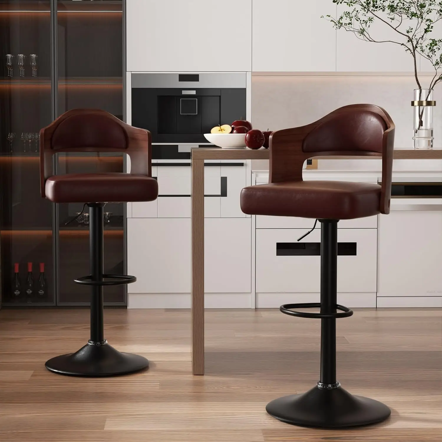 

Swivel Bar Stools Set of 2 Seat Adjustable Height 24.5-33.5IN, Wooden Barstools PU Leather Upholstered Bar Chairs with Back