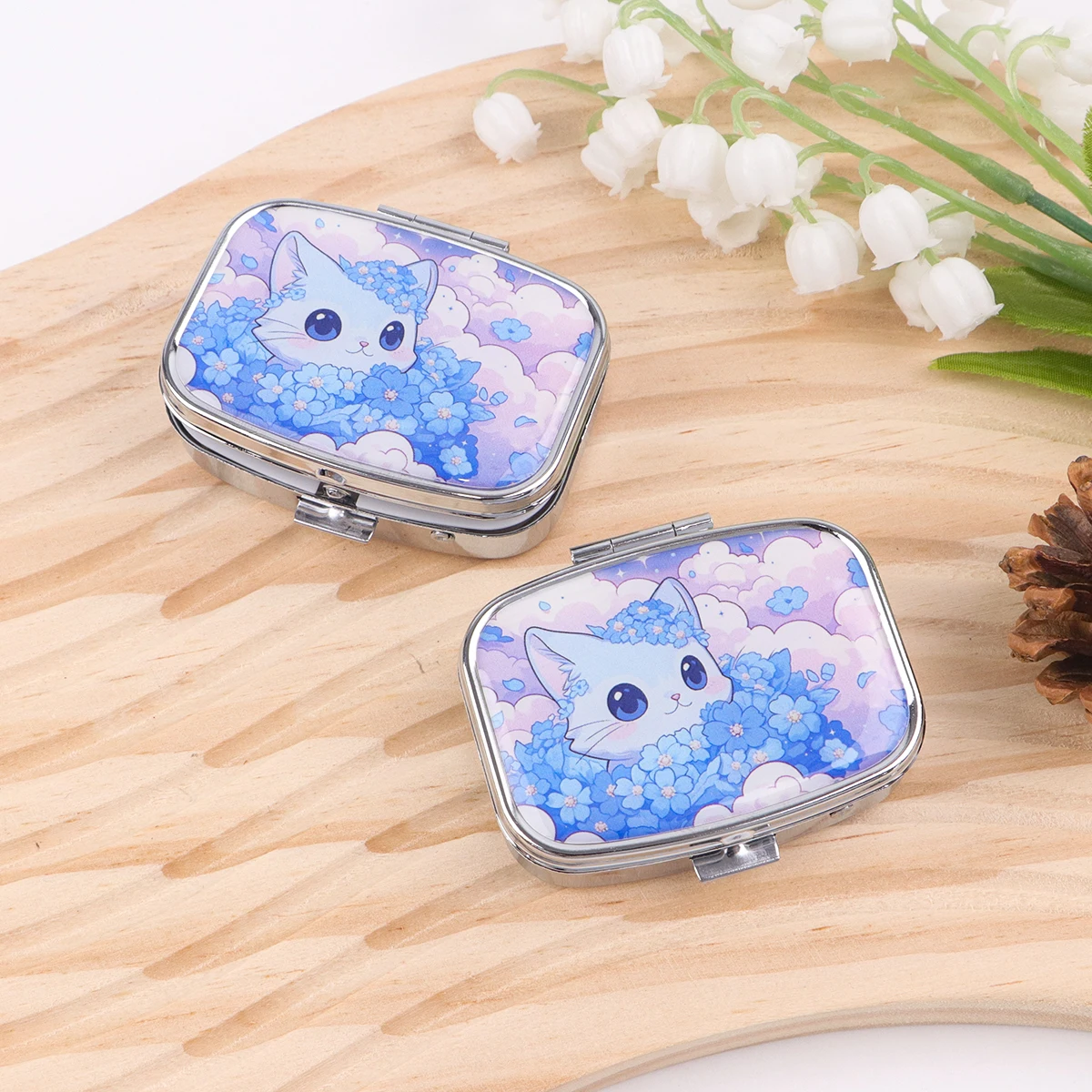 Cute Cat Pattern Metal Medicine Box with 2 Compartments Portable Travel Sealed Small Pill Organizer Container Storage