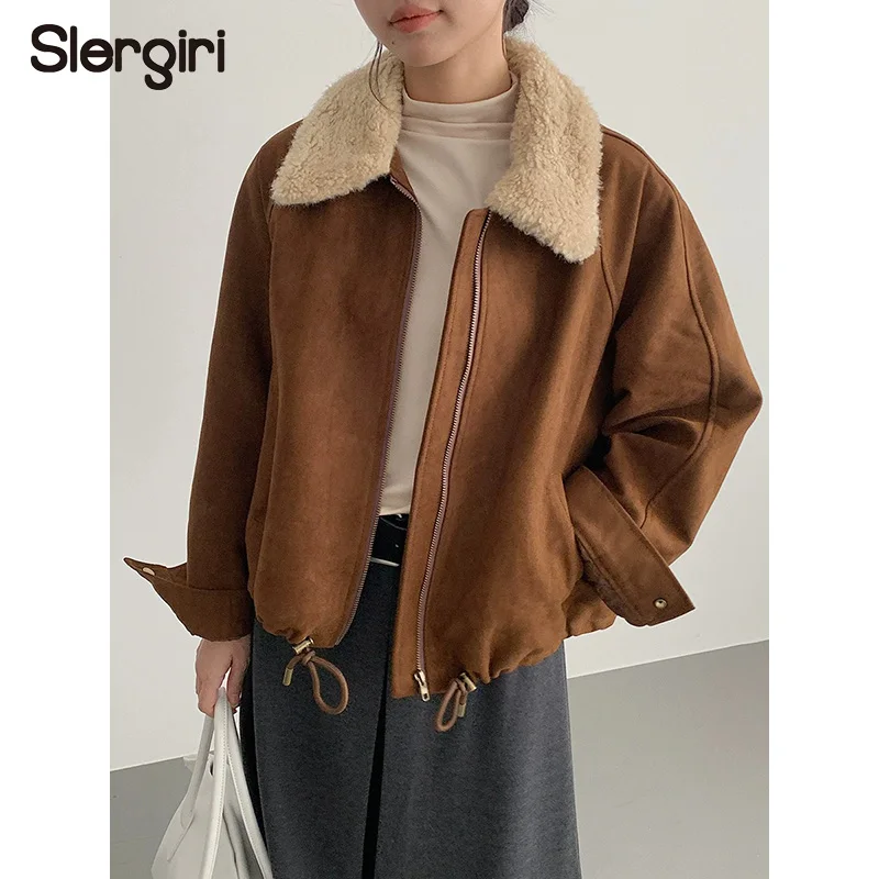 

Slergiri замшевая куртка с воротником из овечьей шерсти, женская модная новинка 2025, осенне-зимняя уличная одежда, ретро мотоциклетные короткие пальто на молнии
